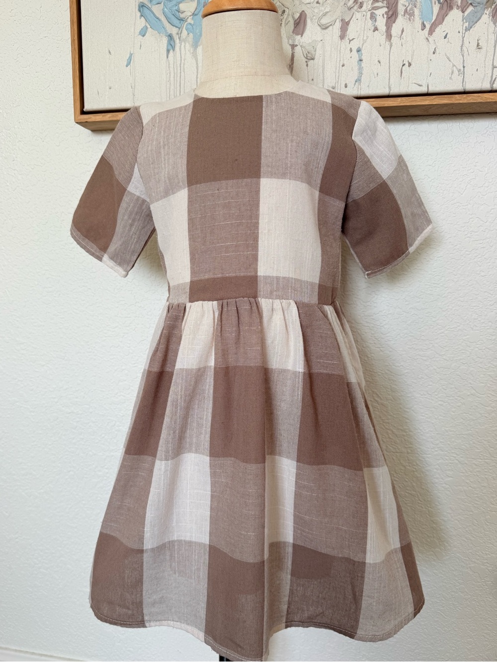 Roolee Kids Tan and Cream Oversized Gingham Plaid Dress